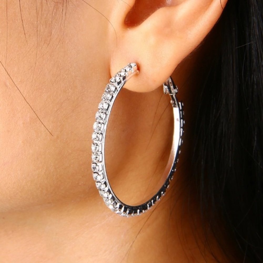 NEW!💙💎CRYSTAL STUDDED HOOPS!💎💙VERY PRETTY! BIG - Picture 2 of 8